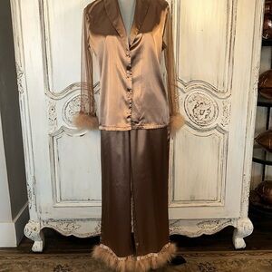 Elegant Brown Satin Pajama Set with Feather Trim